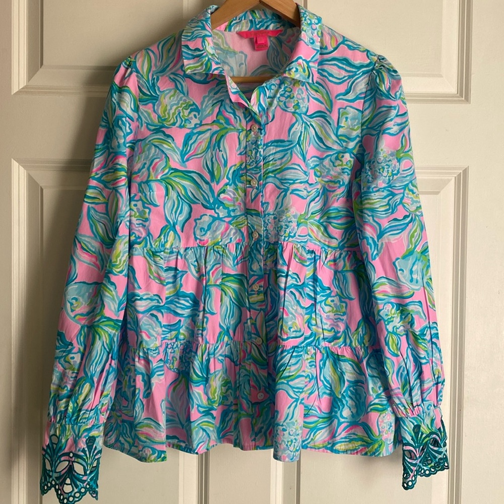 Lilly Pulitzer Button Down Shirt Size S Gold Fish Print Eyelet Embroidered Cuffs